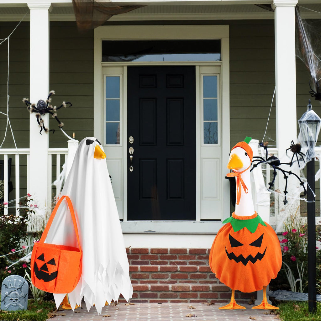 Halloween Fall Porch Goose Outfit, 23in Lawn Goose Cloth Halloween Ghost Pumpkin Costume For Lawn Goose, Patio Yard Art Geese Decor, Thanksgiving Fall Themes Seasonal Accessory